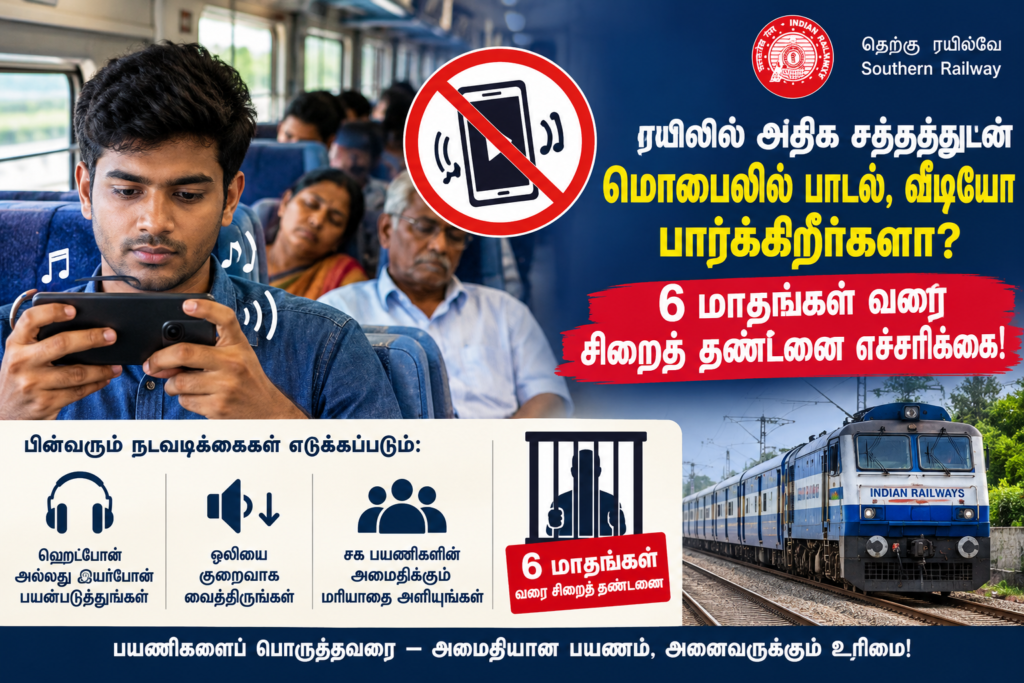 ரயிலில் அதிக சத்தத்துடன் மொபைலில் பாடல், வீடியோ: 6 மாதங்கள் சிறை தண்டனை எச்சரிக்கை!